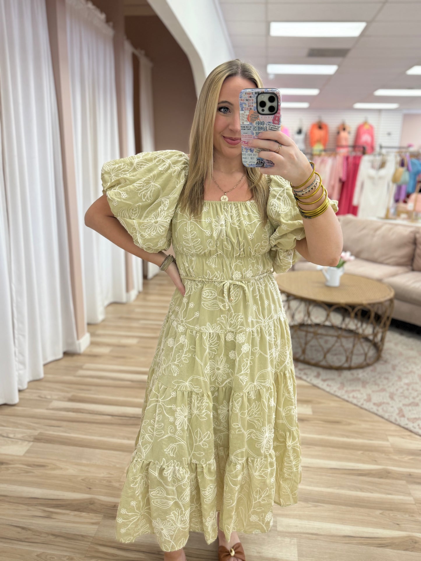 Light Sage Embroidered Dress