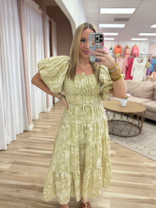 Light Sage Embroidered Dress