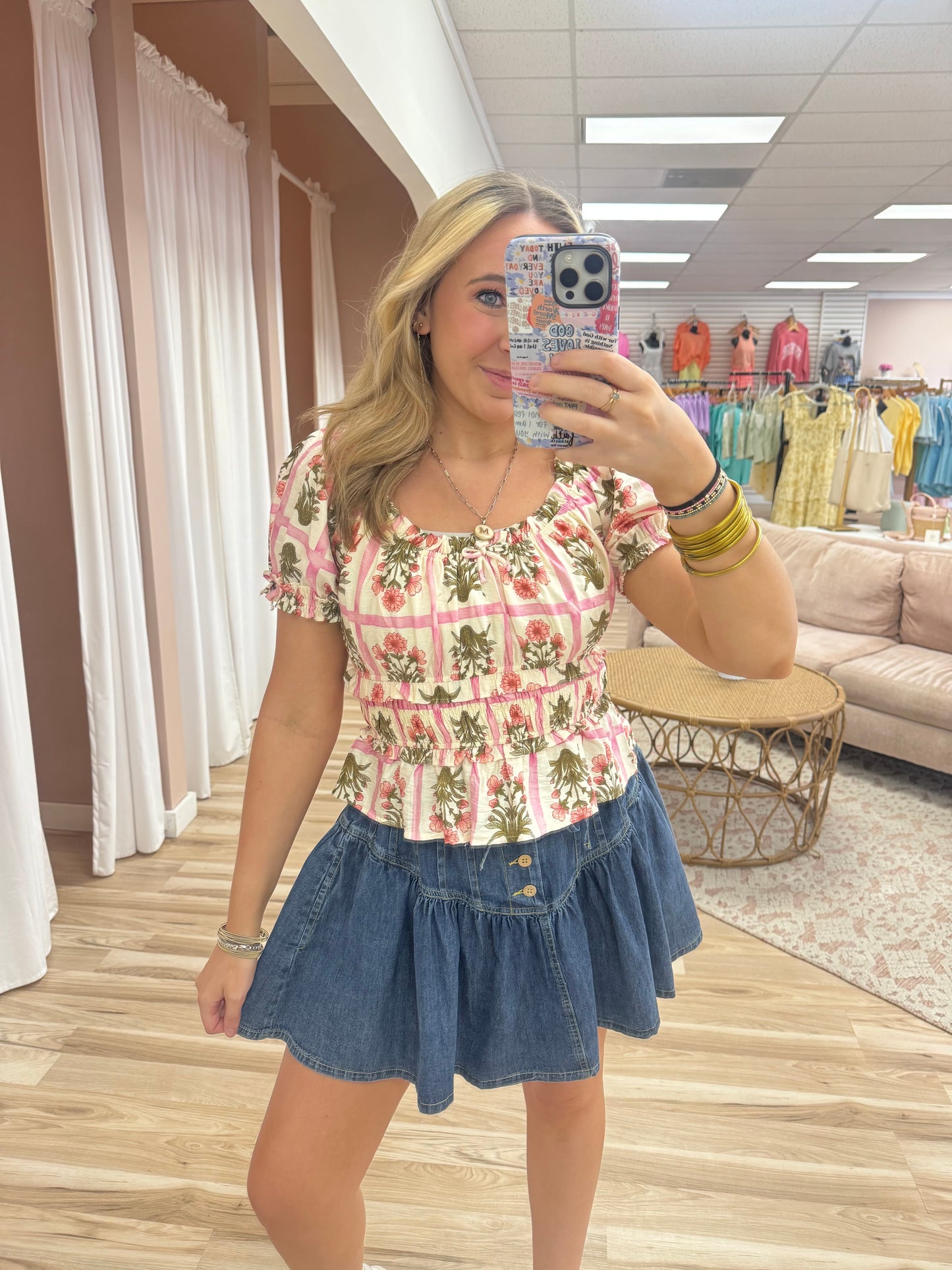 Pink Florals Smocked Scoop Top