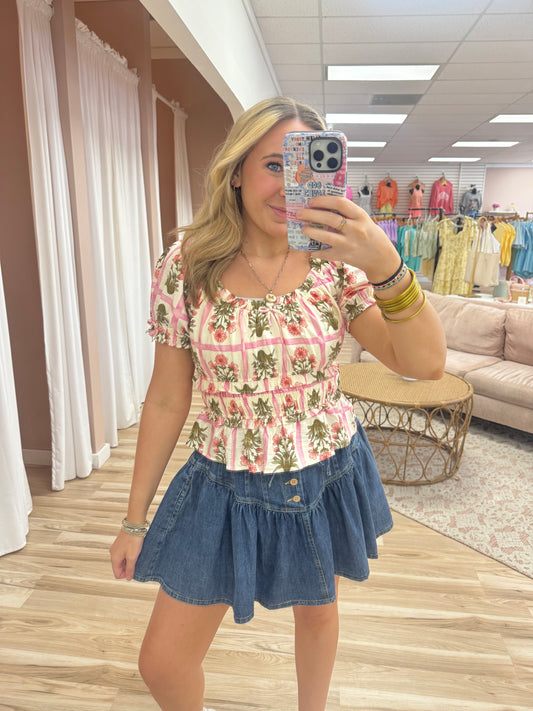Pink Florals Smocked Scoop Top