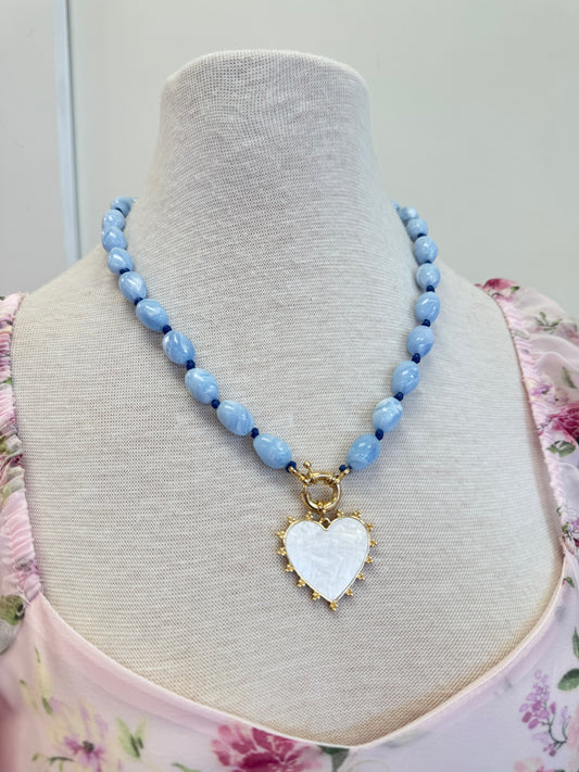 Blue Beaded Pearl Heart Necklace