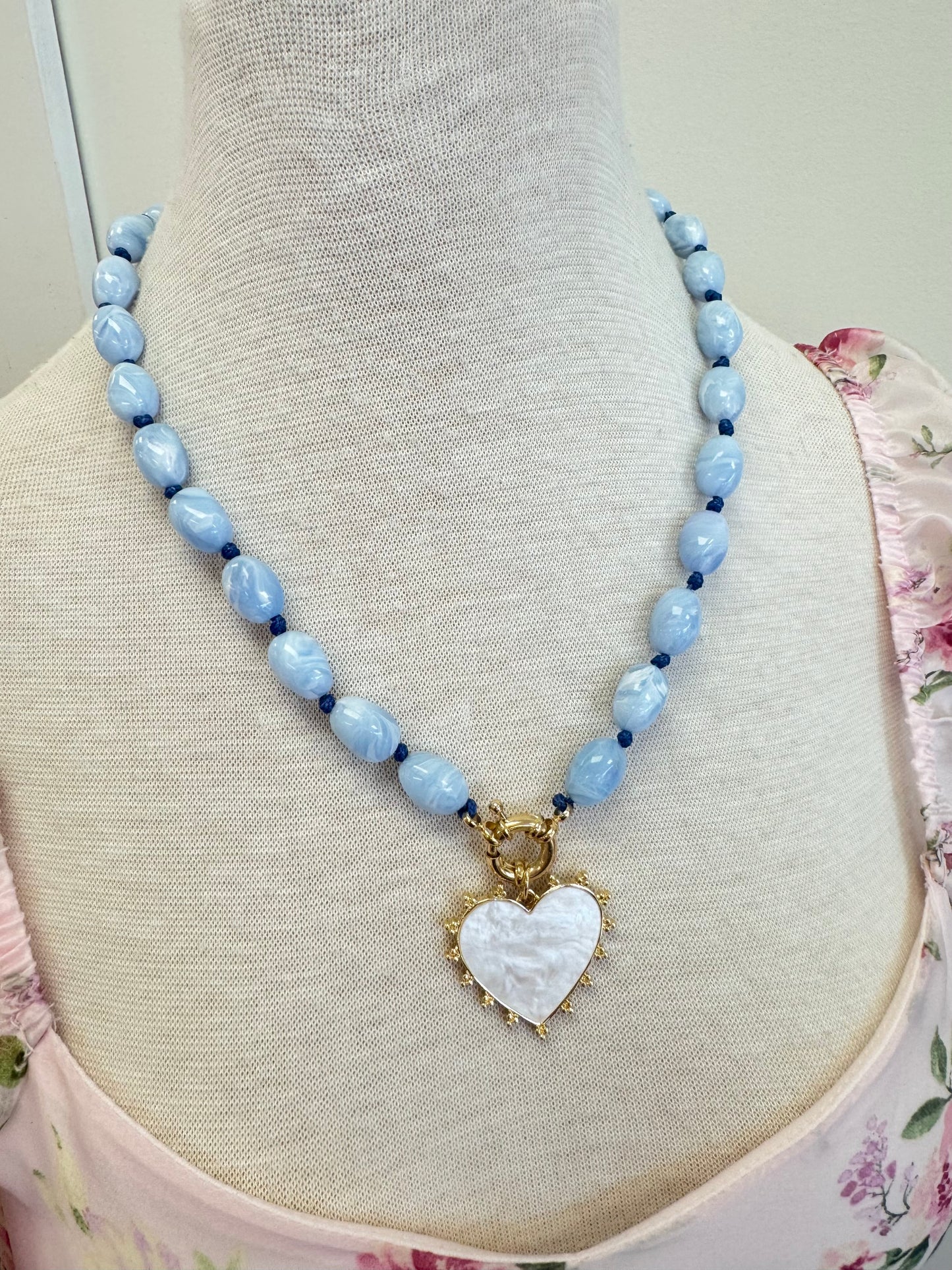 Blue Beaded Pearl Heart Necklace
