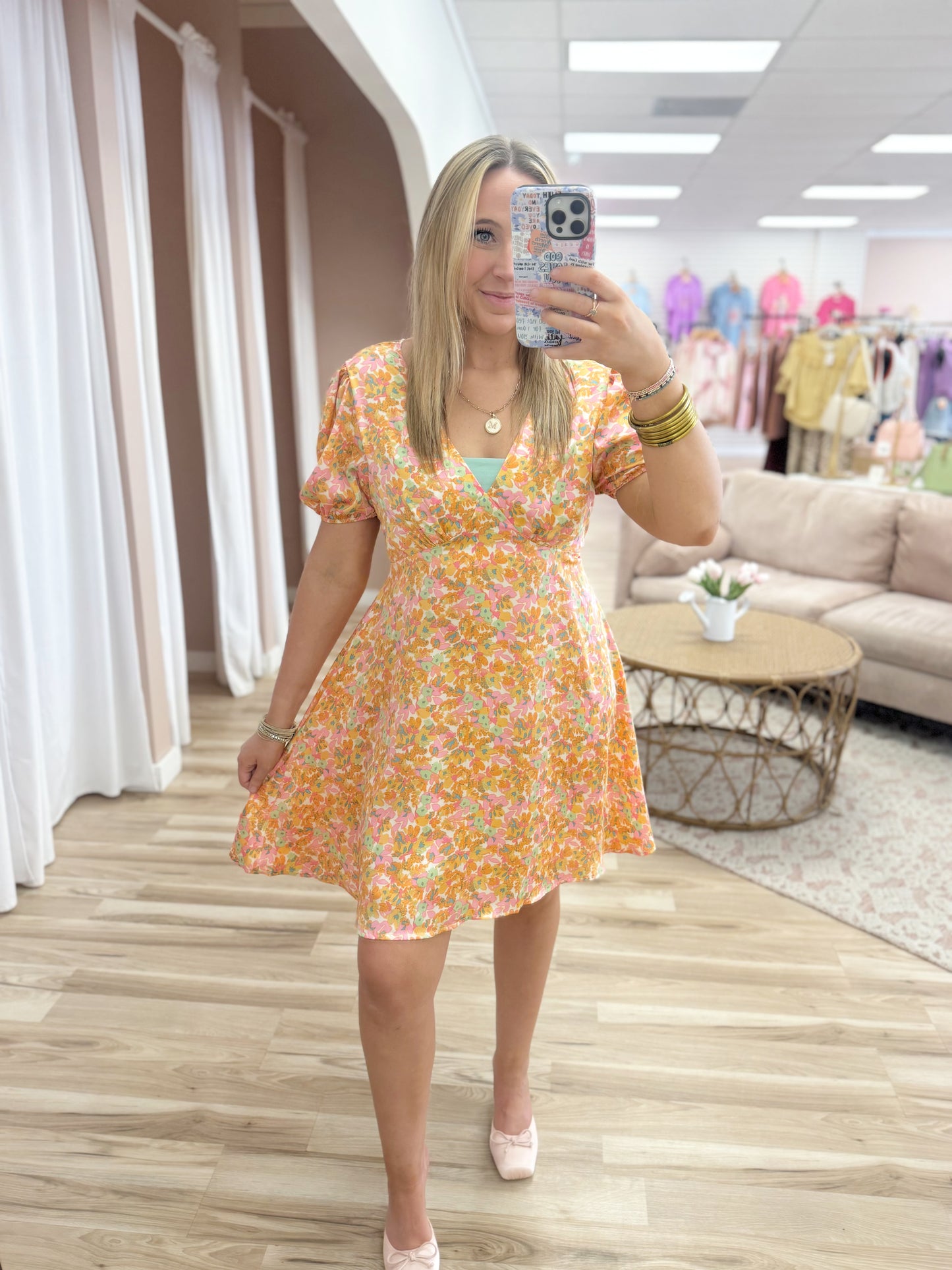 Orange Pink Flowers Silky Dress