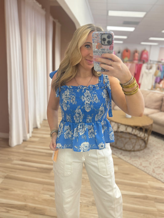 Blue Smocked Flower Printed Top