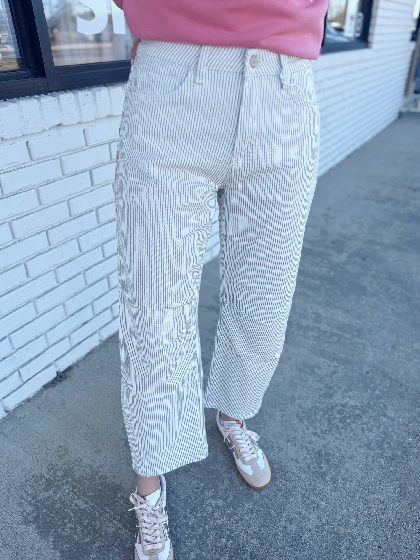 White Stripped Barrel Jeans