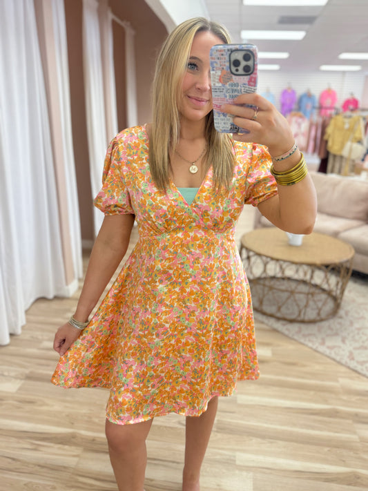 Orange Pink Flowers Silky Dress
