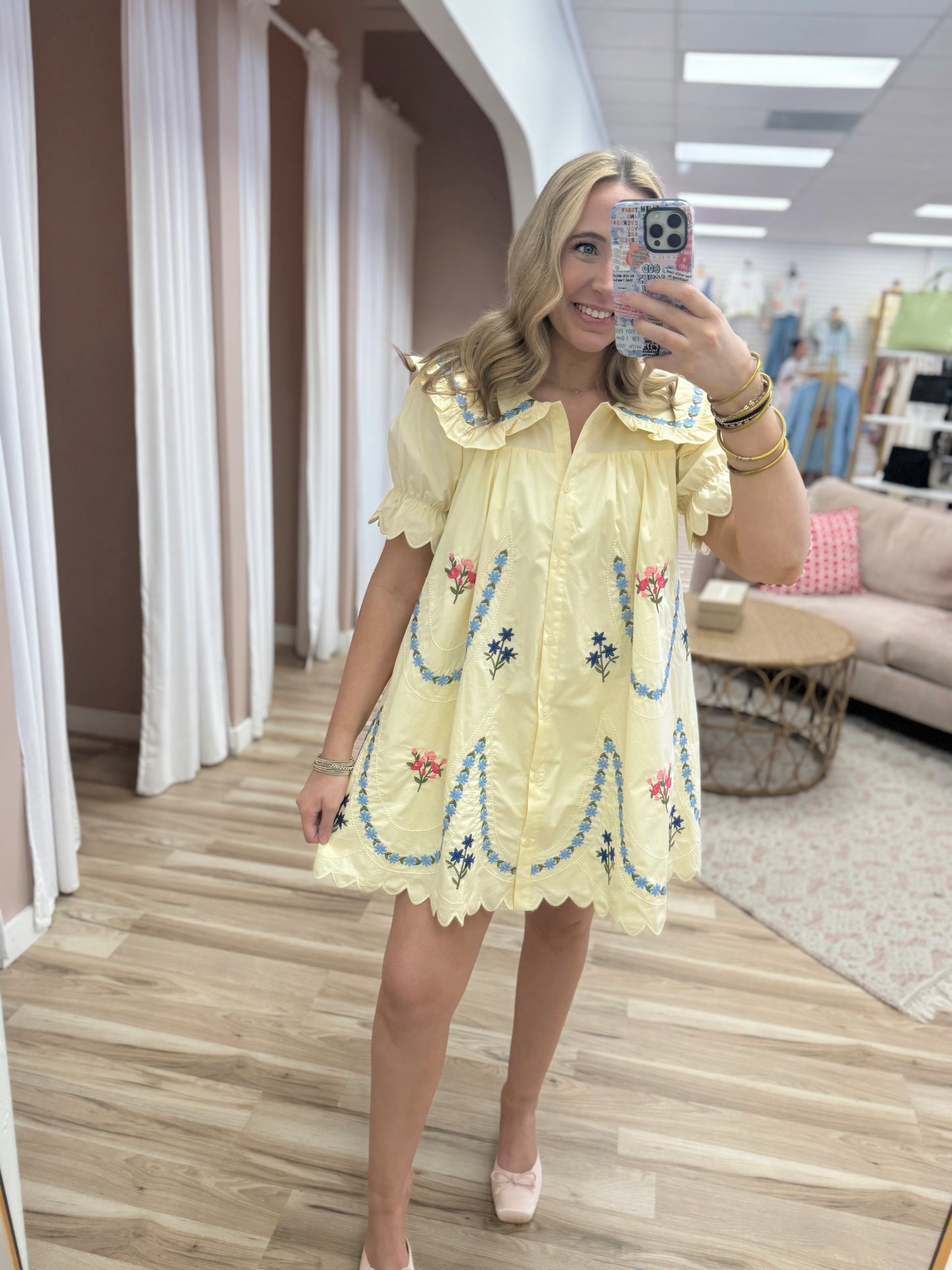 Yellow Floral Embroidered Scallop Dress