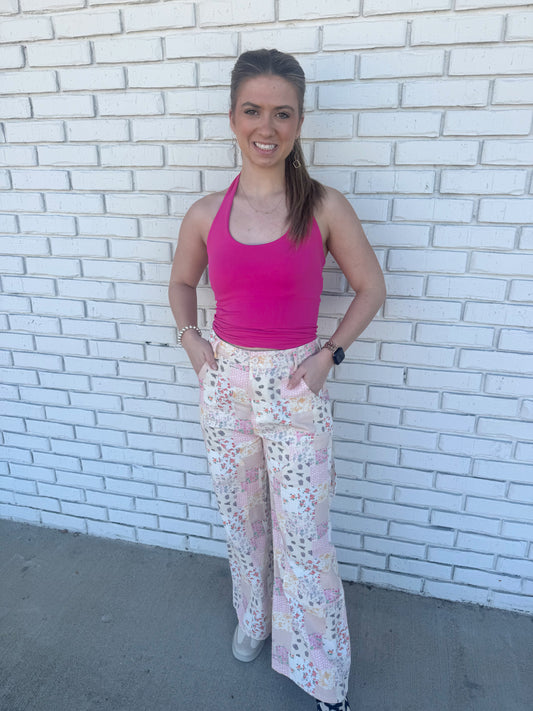 Vintage Pastel Floral Patchwork Wide Leg Pants