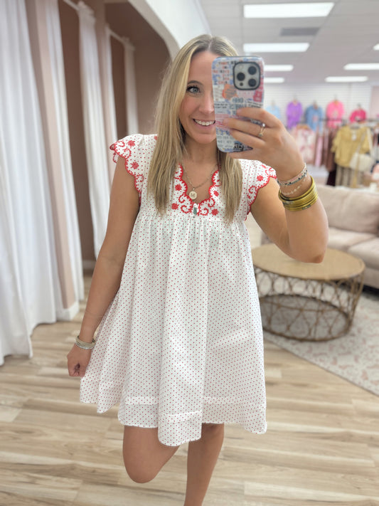 Red Polka Dot Embroidered Dress