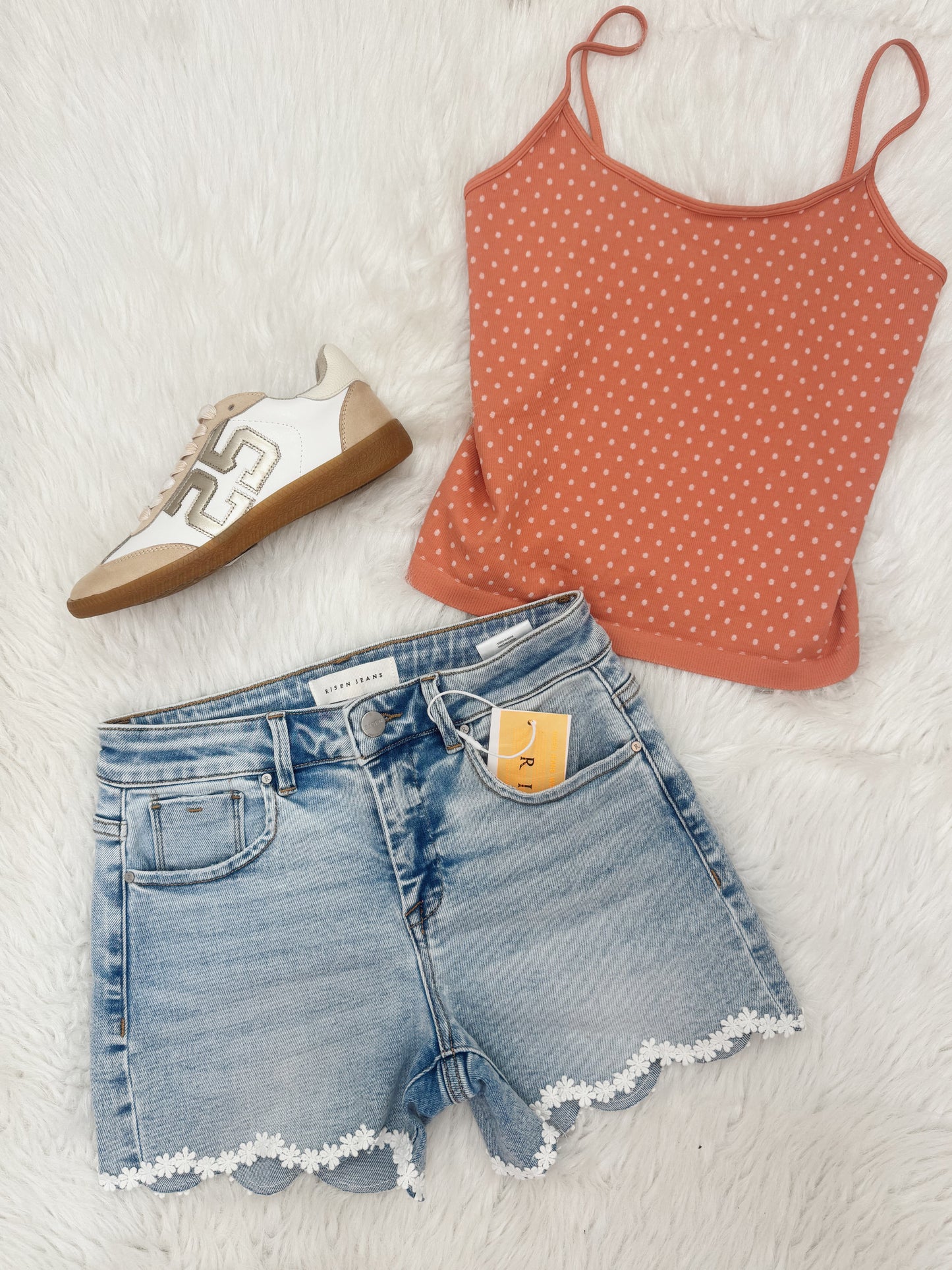 Light Wash Floral Scalloped Denim Shorts