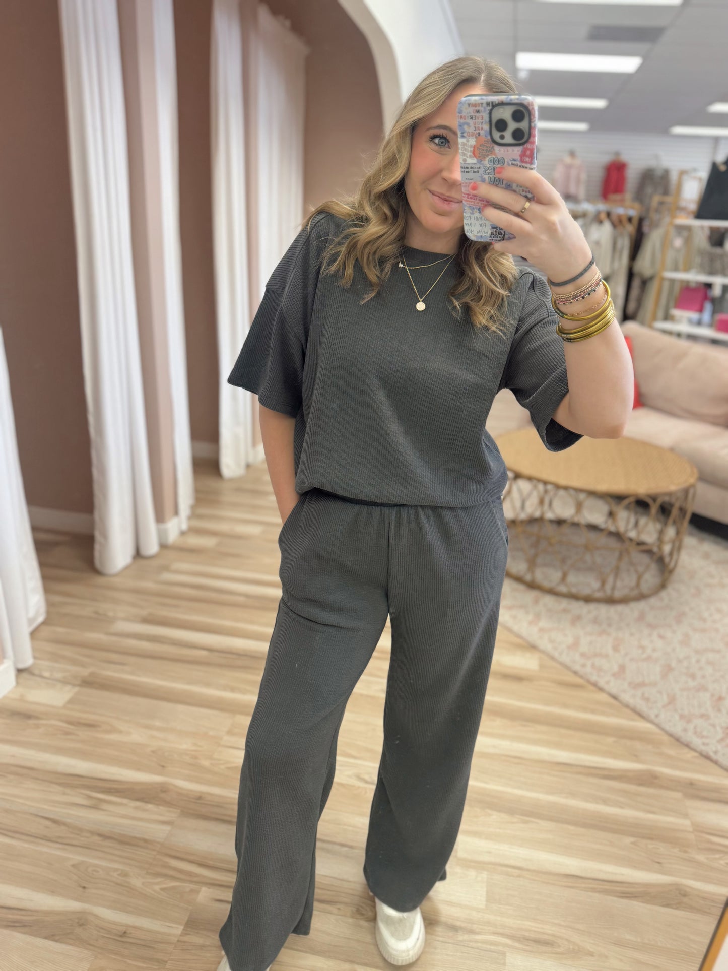 Charcoal Round Neck Ribbed Top