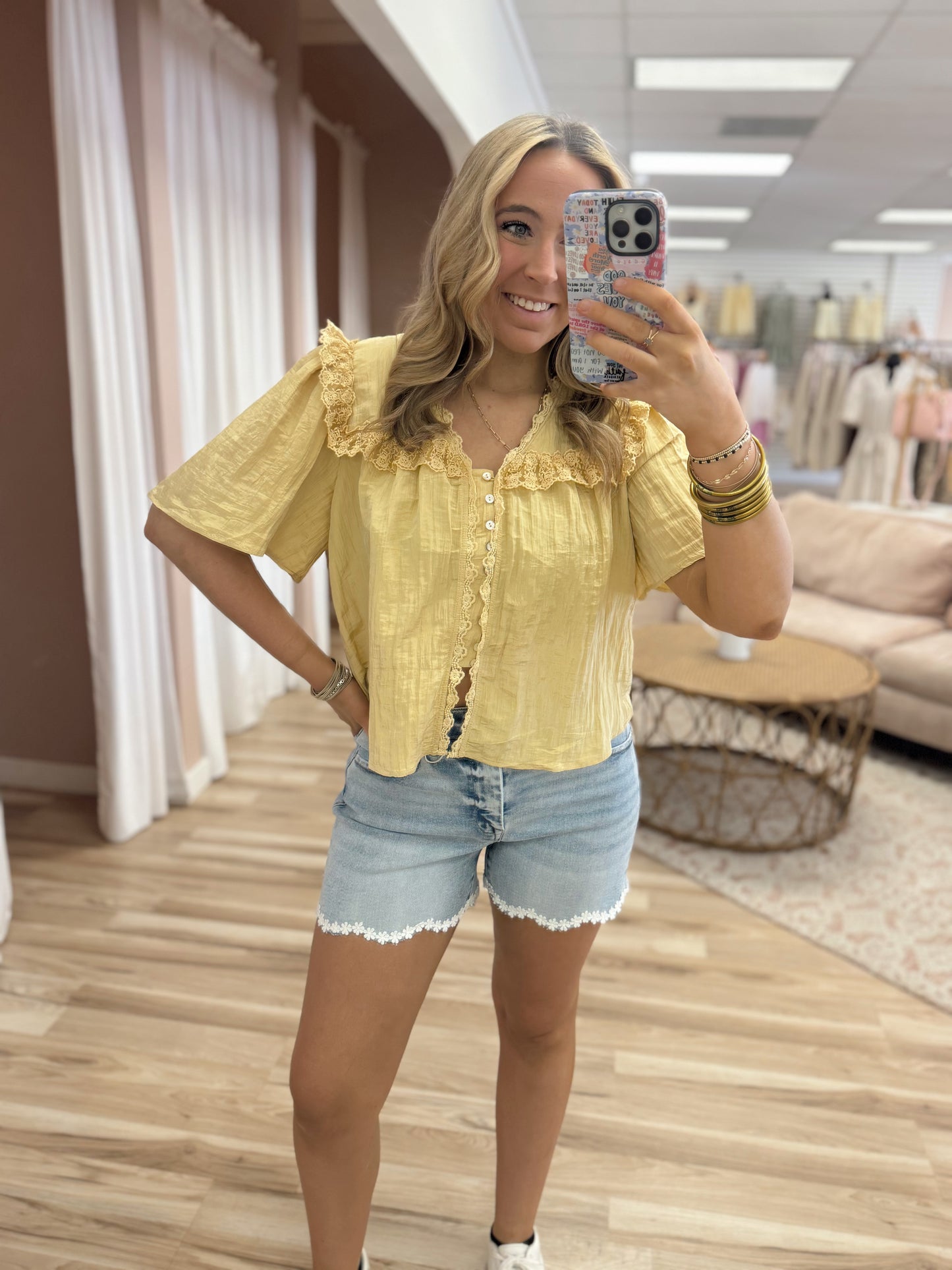 Butter Yellow Lace Detail Top