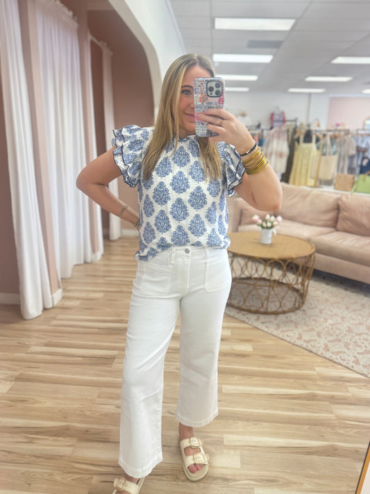 High Rise Patch Pocket Wide Leg Jean