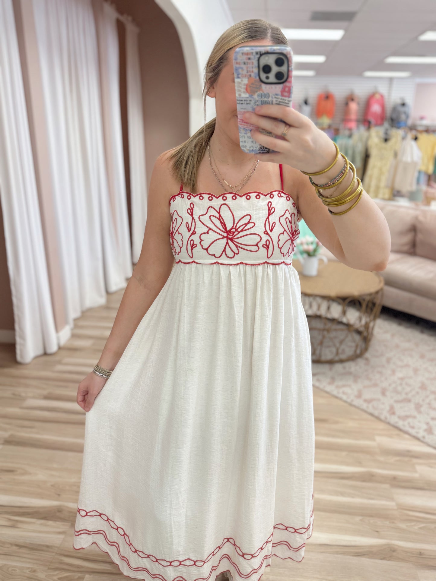 Embroidered Red Scalloped Midi Dress