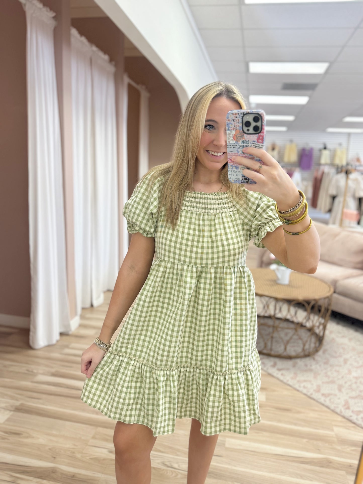 Gingham Smocked Green Mini Dress