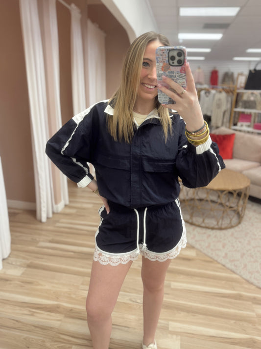 Navy Lace Trim Athletic Shorts