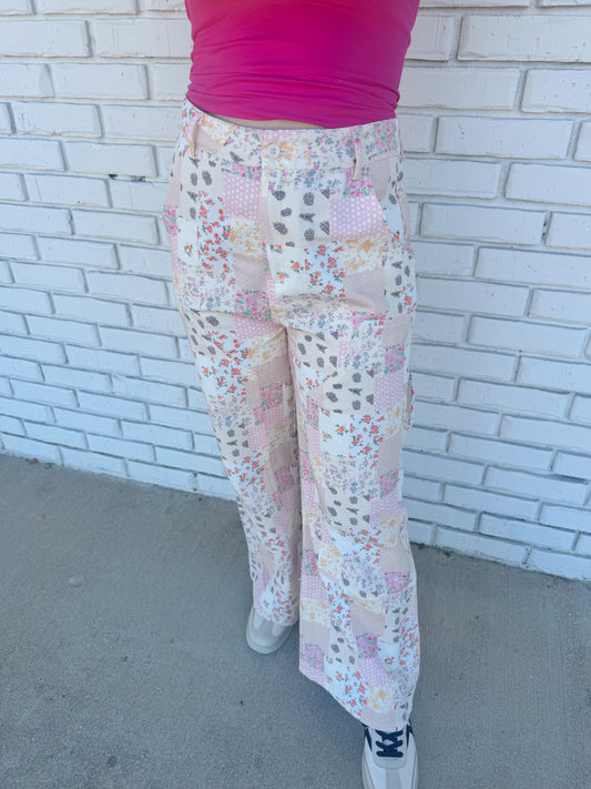 Vintage Pastel Floral Patchwork Wide Leg Pants