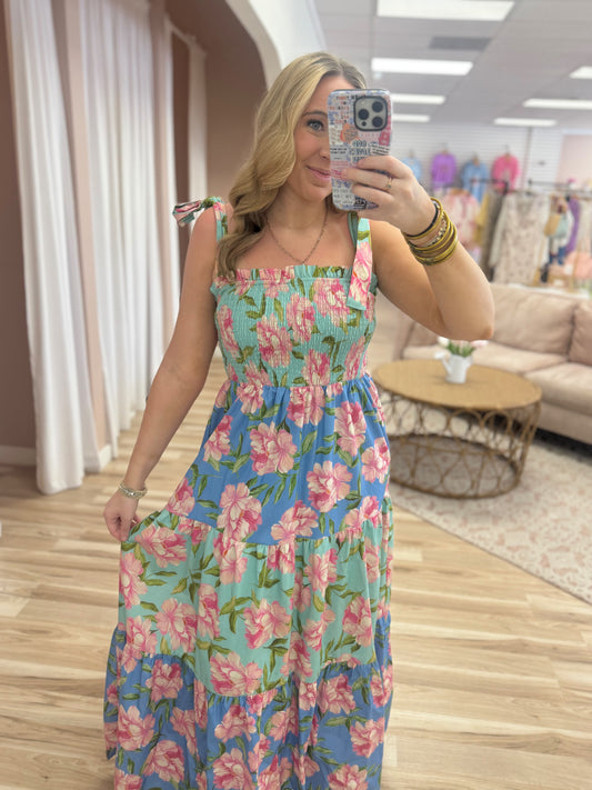 Flower Multi Print Smocked Maxi Dress