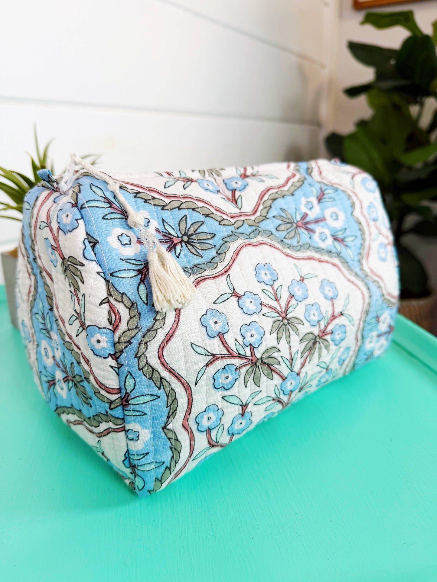 Blue Petals Quilted Makeup Bag