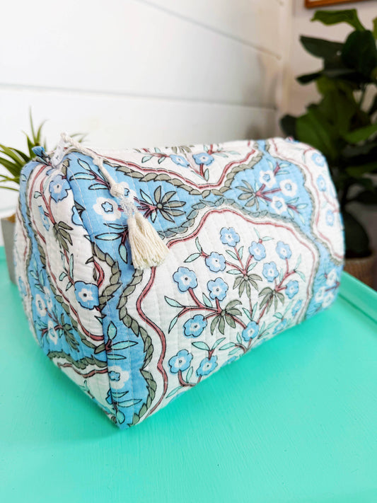 Blue Petals Quilted Makeup Bag