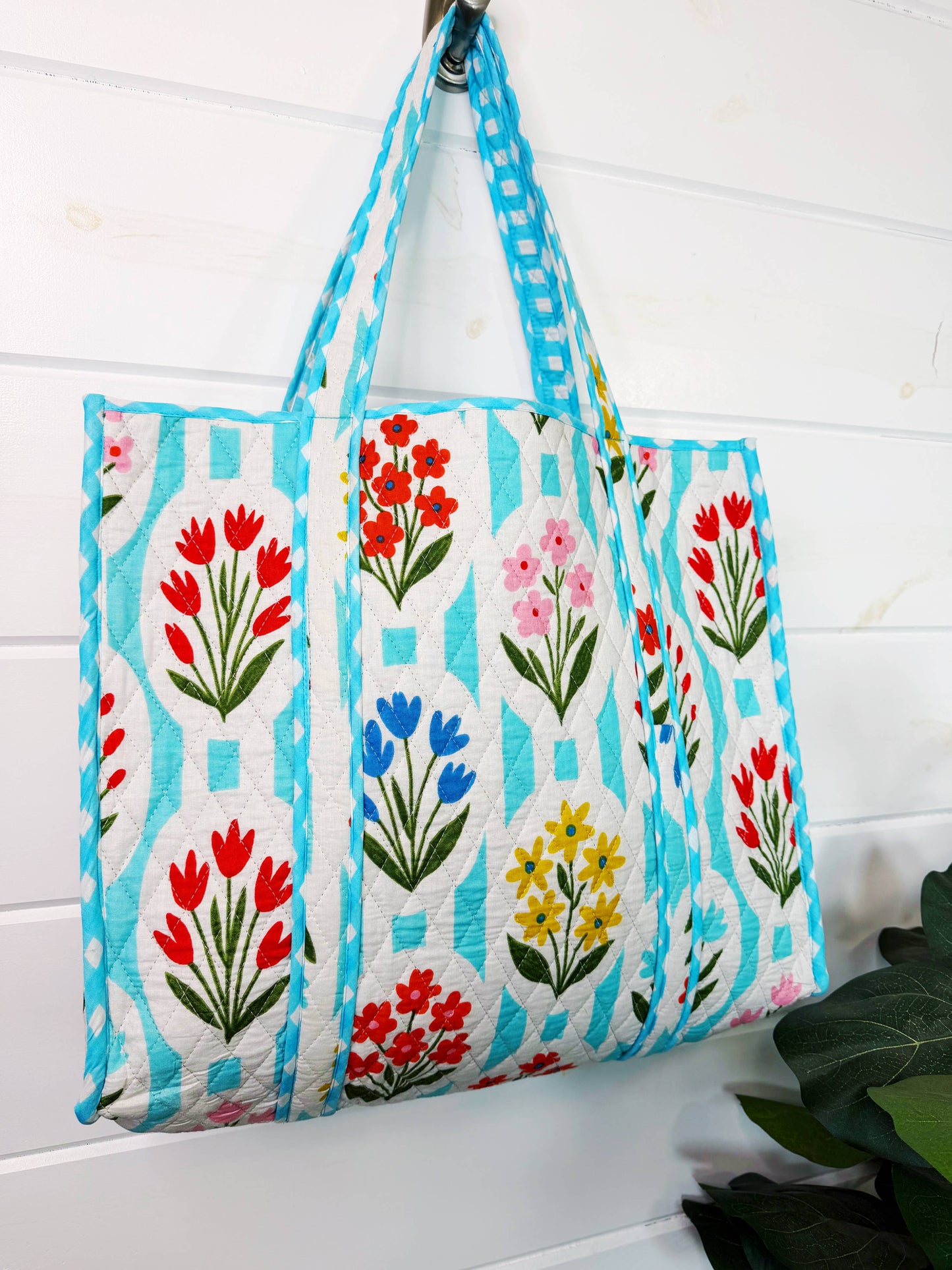 Aqua Garden Party Quilted Travel Tote