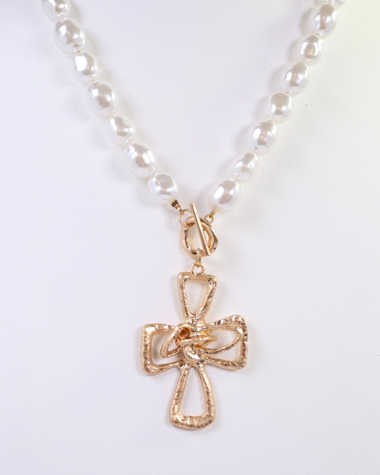 Brylee Pearl Beaded Cross Pendant Necklace Worn Gold: Default