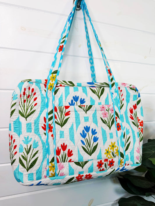 Aqua Garden Party Quilted Weekender Duffle Bag