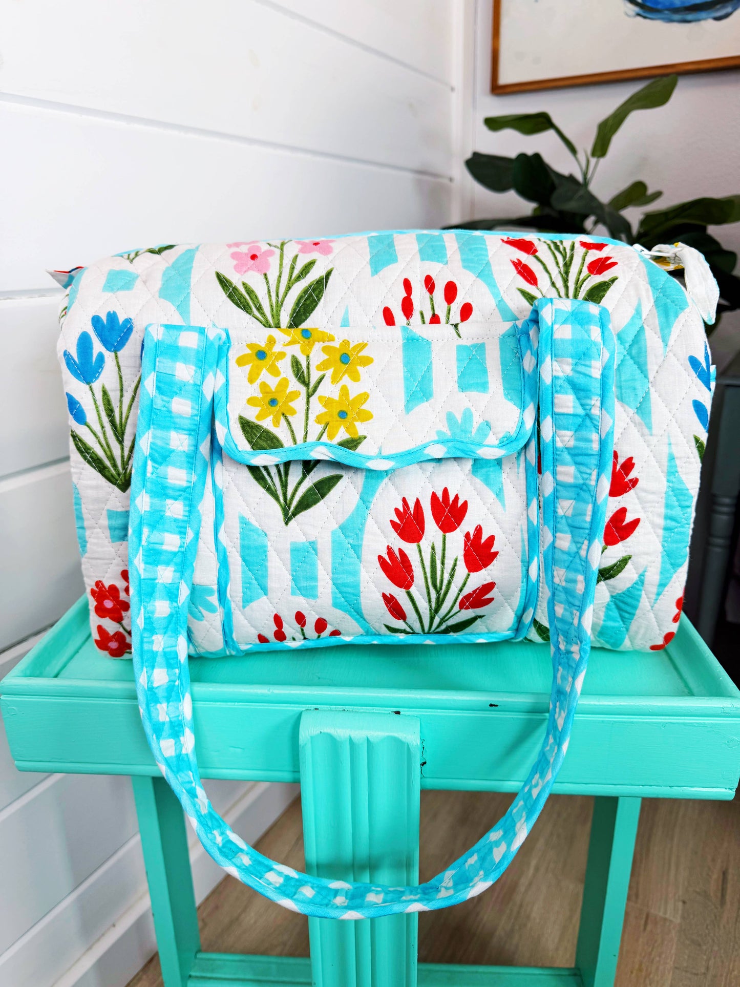 Aqua Garden Party Quilted Mini Duffle Bag